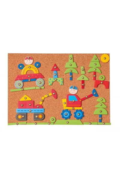 Divendi Construction game with cork board and various shaped thumbtacks and hammer