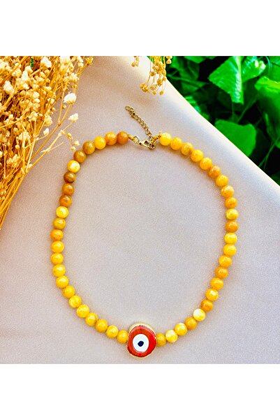 Markiz Takı قلادة على شكل حجر سايتي الأصفر من الحجر الطبيعي من زجاج مورانو