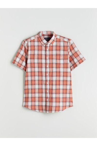 LC Waikiki Orange Regular Fit Short Sleeve Plaid Poplin Men's Shirt