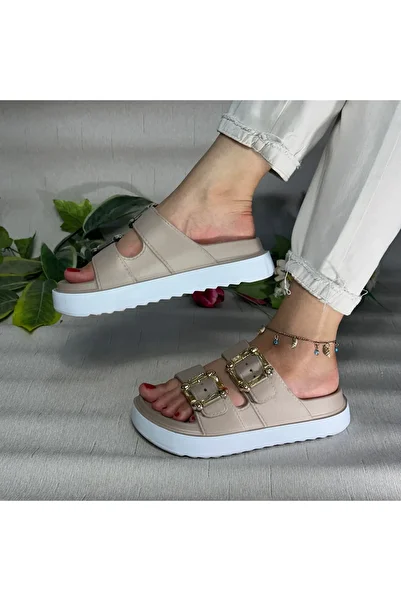 Flexter Women's Camel Stone Buckle Double Strap Comfortable Non-Slip Sole Stylish Slippers - Beach, Pool and Daily Use