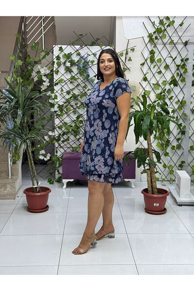Punta Otantik Nc50181 Italian Short Sleeve Cotton Linen Dress Navy Blue