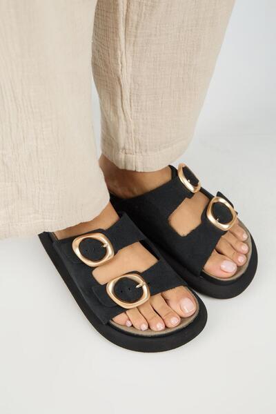 Manijero Narducci Women's Genuine Leather Double Buckle Black Slippers