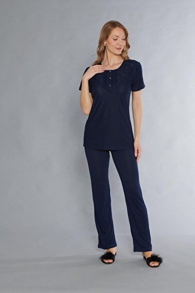 FLZ KISA KOL KLASİK ZAKKUM DANTEL DETAYLI PİJAMA TAKIMI 88-120