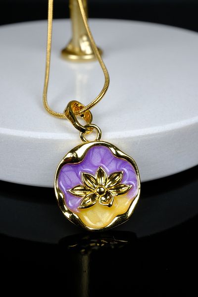 Zalifra Vintage Series, Lilac and Yellow Color Lotus Steel Necklace
