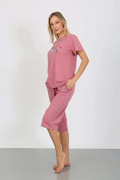 dealp Women's Patterned 100% Cotton Short Sleeve Pocket Summer Bermuda Capri Pajamas Set
