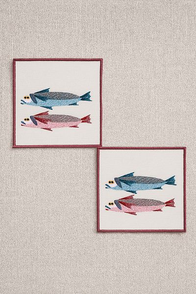 Evdek Pack of 2 Digital Printed Cocktail Napkins with Embroidery Detail Ds20