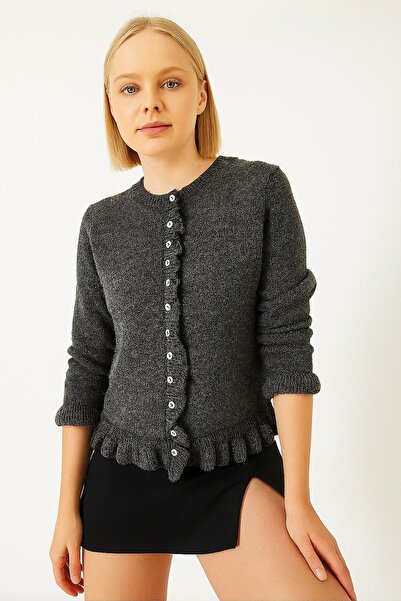 DEMİRBEY TEKSTİL Women's Anthracite Buttoned Ruffle Knitwear Cardigan