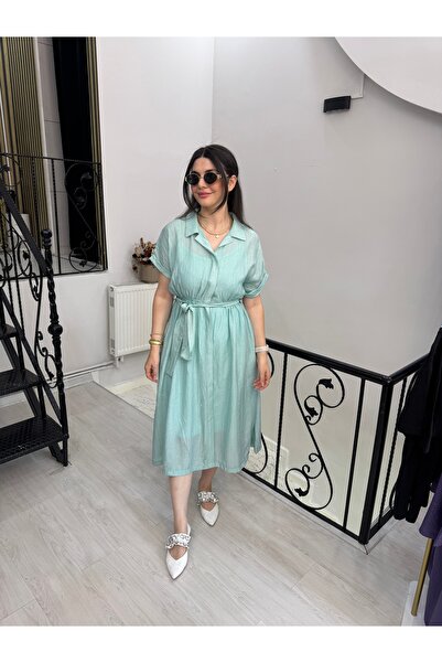 Butik Nil yeşili taşlı çıkarılabilir astarlı beli kuşaklı uzun gömlek elbise