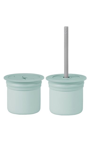 SAVA HOME COLLECTİON Oioi Raw+Hüp Silicone Cup Set with Straw River Green / Powder Gray