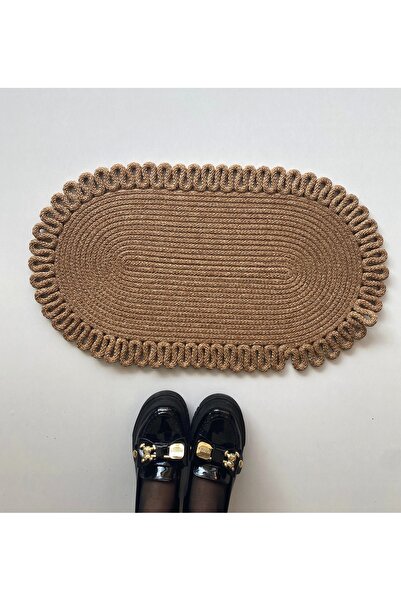 HHKARTS سجادة أرضية بيضاوية منقوشة بحواف من الجوت باللون البني