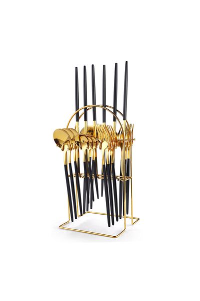Trendy's Portuguese cutlery set, stainless steel 24 pieces, with stand, TRENDY'S, black-gold
