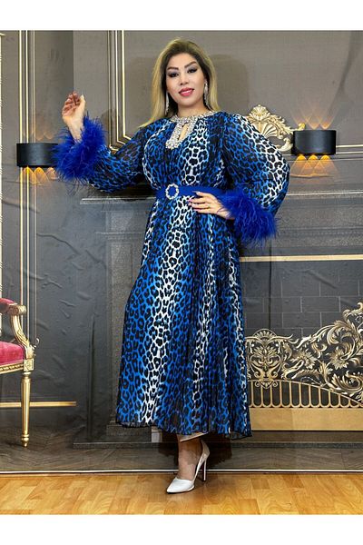 Yeşilmoda Evening Dress Women's Blue Leopard Stone Collar Detail Long Sleeve Silk Crepe Feathered Aster Zip-Up Pleated
