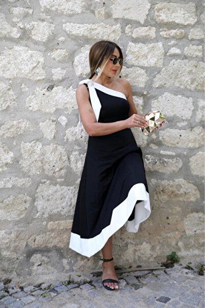 VELİZADE Tek Omuz Fiyonklu İthal Krep Kumaş Renk Bloklu Elbise – Şık Tasarım Özel Gün & Davet Kombini