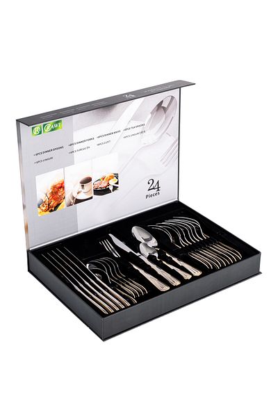 Trendy's RAWI 24-Piece Stainless Steel Cutlery Set – Classic Design with Embossed Gold Edges