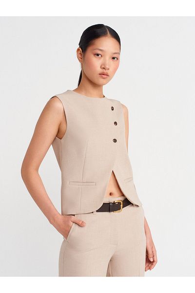 Dilvin 60592 Asymmetric Cut Buttoned Vest-Stone