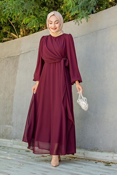 Tesettür Çarşım Narin Mat Şifon Tesettür Abiye-Bordo