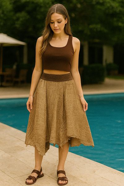 LaraLisa Collection Asymmetrical Cut Elastic Waist Muslin Washed Women's Skirt