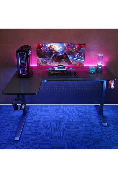 COOYA L-Shaped Gaming Computer Desk,1400*600*740mm,Waterproof & Anti-Slip,with Headphone Holder&Mug Holder