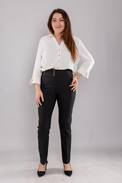 AYHAN Pantaloni negri cu centură lată de mărime mare 70527 - cu nasturi