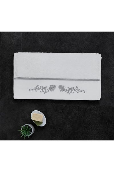 Soft Cotton Soft Cotton 100% Cotton White Beach Towel with Grey Embroidered 85 x 150 cm