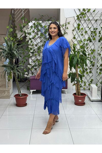 Punta Otantik Nc65714 Italian Collar Sequin Ruffle Silk Dress Saks