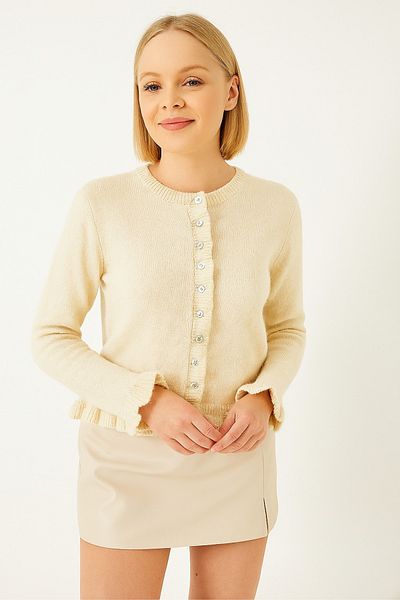 DEMİRBEY TEKSTİL Women's Ecru Buttoned Ruffled Knitwear Cardigan