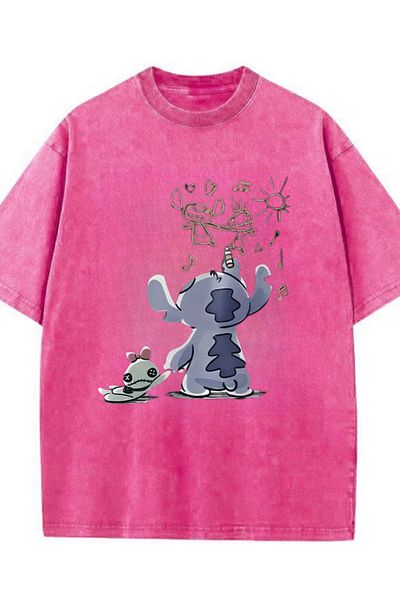 Touz Moda T-Shirt Oversize Unisex Vintage Πλενόμενο με Σχέδιο Love Stitch