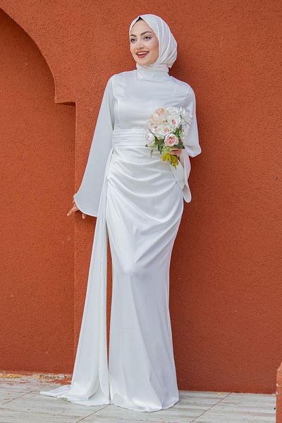Tesettür Çarşım Noble Side Tail Satin Evening Dress-White