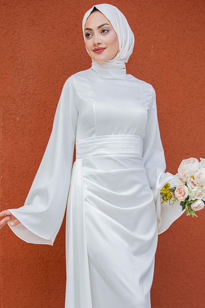Tesettür Çarşım Noble Side Tail Satin Evening Dress-White