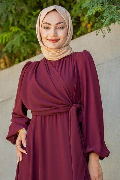 Tesettür Çarşım Delicate Matte Chiffon Hijab Evening Dress-Burgundy