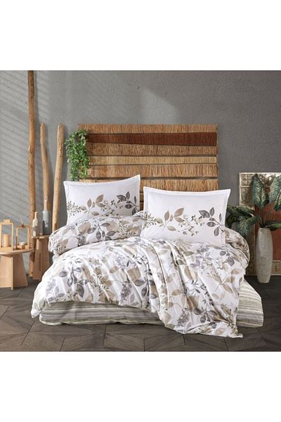Pucioasa Double bed linen made of 100% cotton, beige-gray leaves, Azura