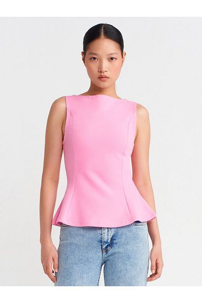Dilvin 21001 Boat Neck Peplum Top-Pink