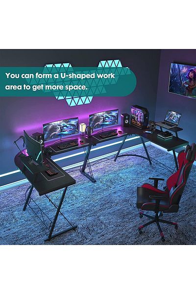 COOYA L Shaped Gaming Desk, With Removable Monitor Shelf, Leveling Studs, Sturdy, 129x71x29cm, Black