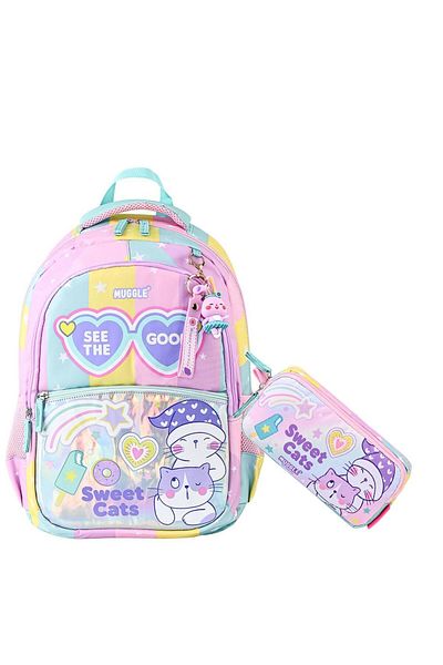 MUGGLE 3 Compartment Good Be Kind School Bag + Pen Holder Pink-Green Set of 2