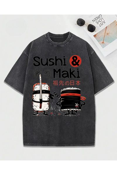 Touz Moda Sushi Maki Printed Washable Vintage Unisex Oversize T-Shirt