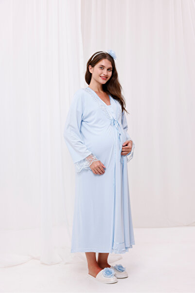 Yulem Homewear Mavi Dantel Detaylı Uzun Sabahlıklı Lohusa Hamile Gecelik-Saba...