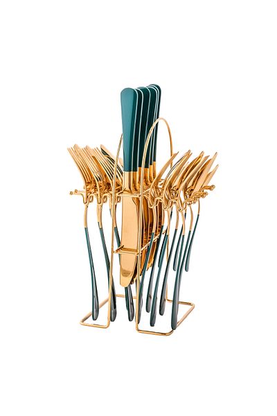 Trendy's Stainless steel cutlery set, 24 pieces, with stand, TRENDY'S, green-gold