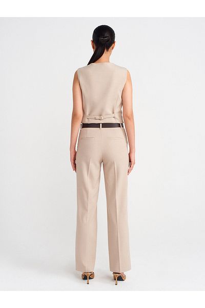 Dilvin 72141 Belted and Flowy Straight Fit Trousers-Stone