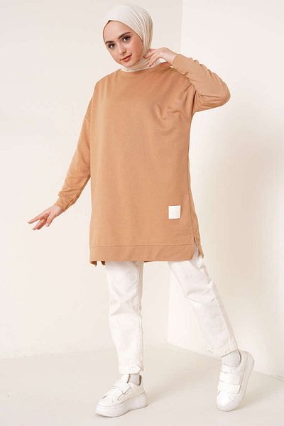 Smymoda Women's Seasonal Loose Crew Neck Embroidered Long Hijab Tunic Long Sports Model Seasonal Tunic