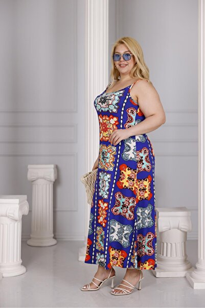 Siyezen Plus Size Rope Strap Cotton Lycra Basic Patterned Dress