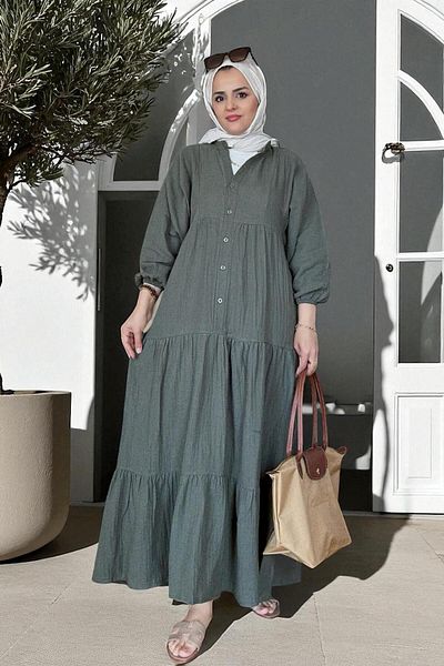 Aselim Hijap Moda Buttoned Robe Cut 4 Layer Muslin Dress – 100% Cotton Summer Model (Size 36-52) Green