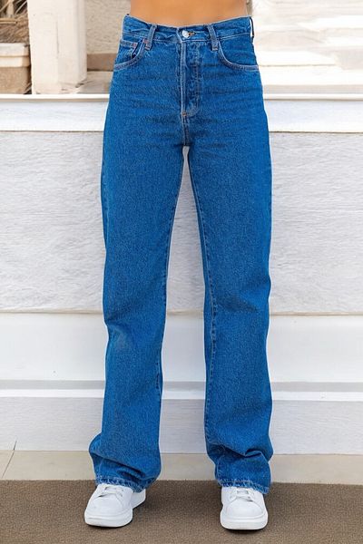 byhaziran butik Niva Women's Dark Blue Extra High Waist Stretchy Denim Fabric 90's Loose Leg Jeans