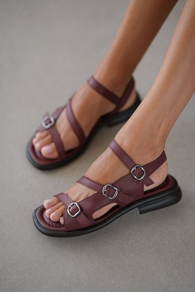 selinshoes Sandale Bloss din piele naturală pentru femei, din 3 piese, cu cataramă din cauciuc - ROȘU Claret