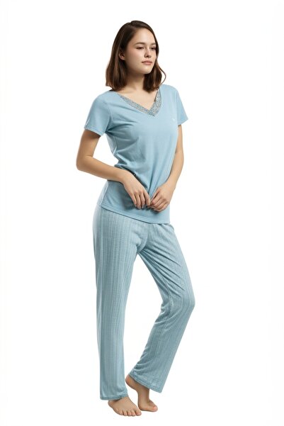 Pierre Cardin Kadın Mavi Kısa Kol Cep Detaylı V Dantelli Yaka Ev Giyim Takımı VR.PC.K89.t98.Y15