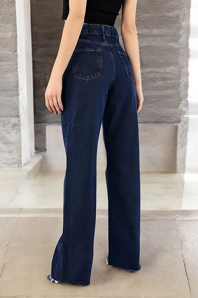 byhaziran butik Siblly Young Girl Dark Blue High Waist Elastane Blended Unlined Wide Leg Jean