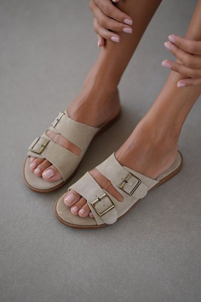 selinshoes Evia Genuine Leather Adjustable Double Buckle Detailed Women's Slippers - Beige Suede