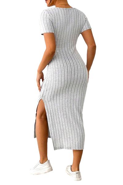 FashionForYou Casual dress FeeL knit ALIZA, with side slit and short sleeves, Gray, M/L