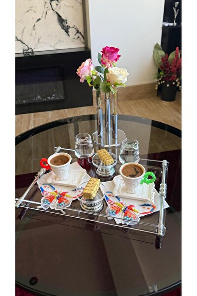 HİD DESIGN 4-6 صينية شاي/قهوة/خطوبة/خطوبة من البليكسي مع مقبض فضي