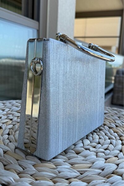 Melissa Boutique Women's Silver Sparkling Satin Box Model Long Strap Evening Dress Bag (18X15X5 cm)