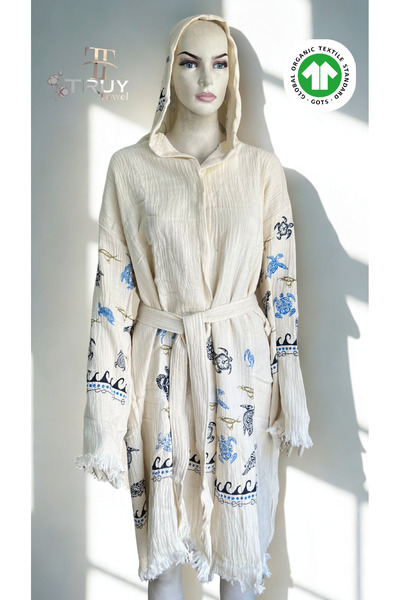 TruyTowel 100% Cotton Muslin Stone and Blue Turtle Patterned Bathrobe